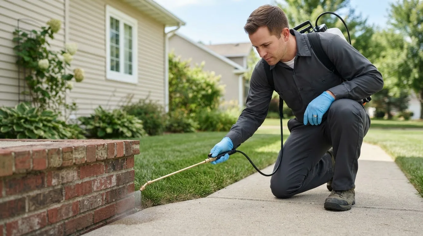 Pest control technician treating a home near New Galilee, PA